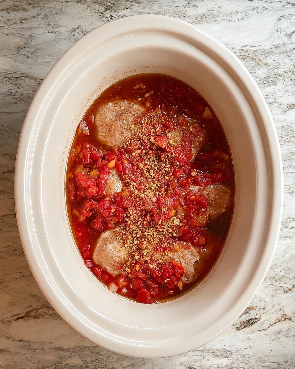 Inside a white oval slow cooker, there are four rounded pieces of pale meat, partially covered with a thick, chunky red sauce made from diced tomatoes and small bits of other vegetables. On top of the meat, there are small piles of light brown powder sprinkled unevenly. The slow cooker is placed on a table with a white marbled texture. photo taken with an iphone --ar 4:5 --v 7