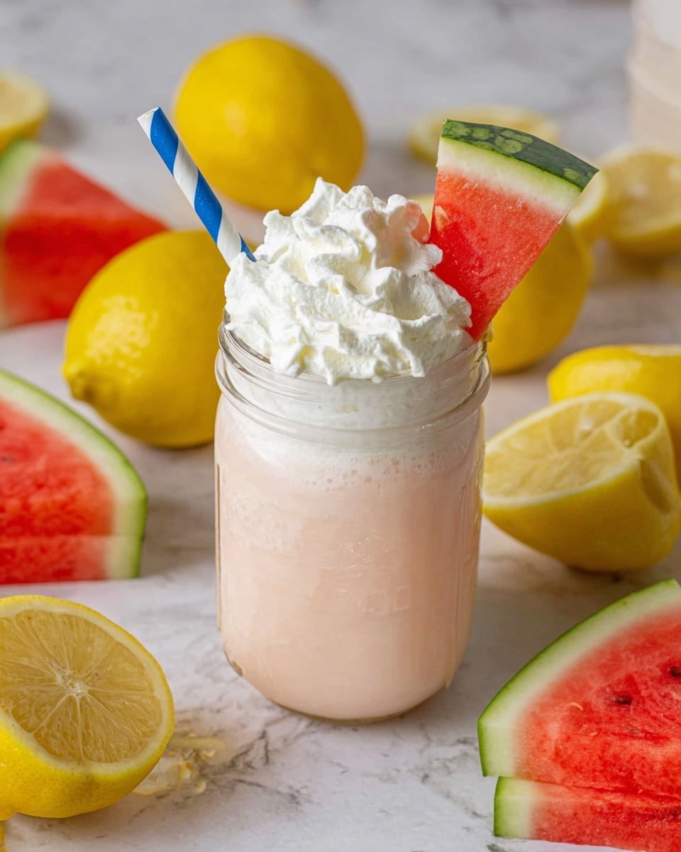 Two clear glass jars are filled with a creamy, light beige drink topped with whipped cream. Each jar has a blue and white striped straw sticking out from the whipped cream. On the rim of the left jar is a bright yellow lemon slice, while both jars have a small watermelon wedge with green rind leaning inside. The jars sit on a white marbled surface with scattered lemon slices and watermelon pieces around them. In the blurred background, there is a bowl filled with whole yellow lemons against a light gray textured wall. Photo taken with an iphone --ar 4:5 --v 7