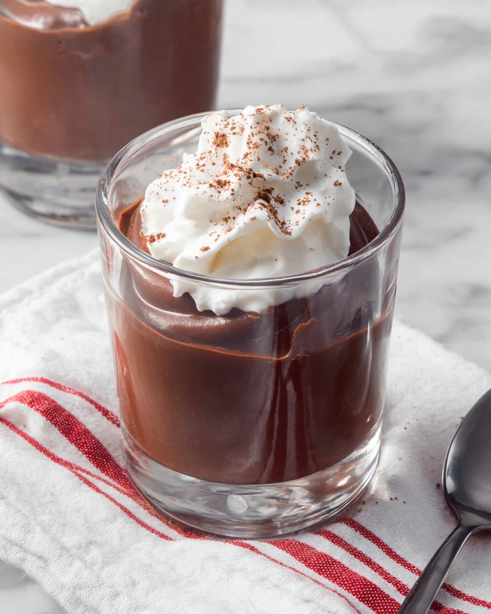 A clear glass holds two layers: the bottom two-thirds filled with smooth, dark brown chocolate pudding with a shiny surface, and the top one-third topped with a swirl of white whipped cream sprinkled lightly with cocoa powder. The glass sits on a white marbled surface next to a white cloth with red stripes, and a silver spoon lies nearby. In the background, another glass container with chocolate pudding is blurred. The lighting is soft and natural, highlighting the creamy texture of the pudding and the fluffy whipped cream. Photo taken with an iphone --ar 4:5 --v 7