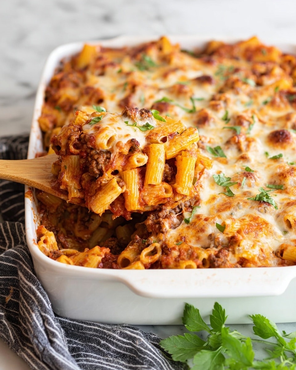 A white baking dish filled with baked pasta that has three visible layers: a bottom layer of tubular pasta mixed with ground meat and red tomato sauce, a middle layer heavily covered with melted light golden cheese, and a top layer showing browned spots on the melted cheese and scattered small green herb pieces. A wooden spoon is lifting a serving from the right side, showing the textured mix of pasta, meat, and cheese. The dish sits on a white marbled surface with a black and white striped cloth and some green leaves in the foreground. Photo taken with an iphone --ar 4:5 --v 7