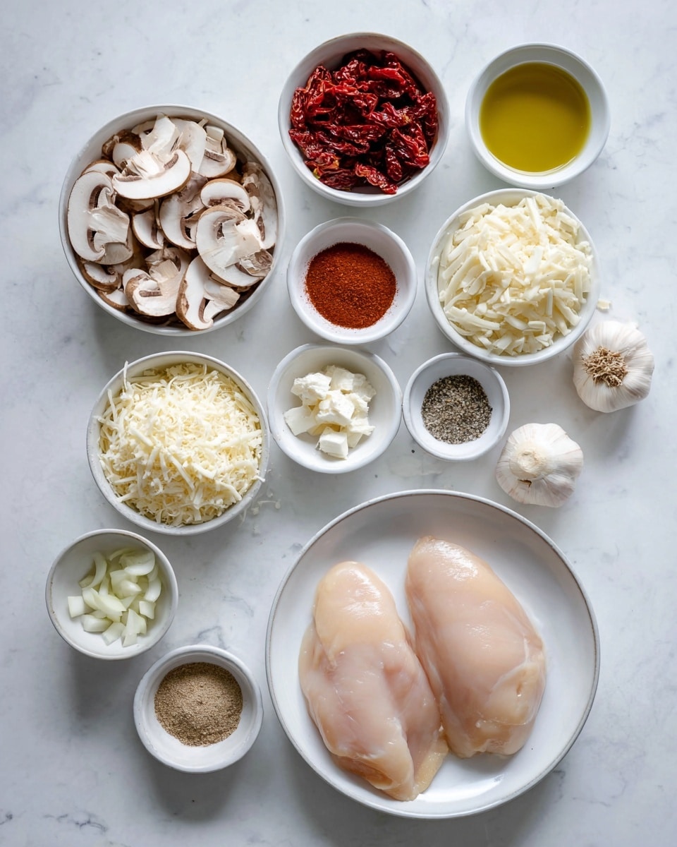A top view of cooking ingredients arranged on a white marbled surface, featuring two raw chicken breasts on a white plate at the bottom right. Surrounding this plate are small white bowls filled with various ingredients: sliced brown mushrooms on the left, shredded white cheese above the chicken, dried red tomatoes in a bowl towards the top left, olive oil in a bowl near the center top, salt and black pepper in small bowls on the top right, crumbled white cheese below the mushrooms, three garlic cloves near the center, diced white onions below the garlic, two shades of brown powdered spices in small bowls near the onions, and a reddish-brown paprika powder bowl positioned toward the lower left. The image shows a clean, simple layout with natural light. Photo taken with an iphone --ar 4:5 --v 7