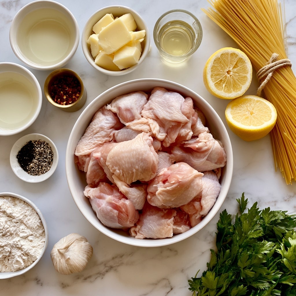 A white bowl filled with many raw pink chicken thighs is placed on a white marbled surface. Above it, a small white bowl holds light yellow butter cubes next to a clear small glass with pale golden olive oil. To the left, a white bowl contains clear white wine. Next to it is a brass-colored cup with red pepper flakes, and nearby a small white dish holds black and white mixed spices. On the bottom left, a whole garlic bulb sits beside a small white bowl filled with white flour. On the right side, two halves of a bright yellow lemon rest beside a tied bundle of long dry yellow spaghetti noodles, and a bunch of green fresh parsley lies on the marble surface. The layout is neat and clear, with each ingredient visible and labeled photo taken with an iphone --ar 4:5 --v 7