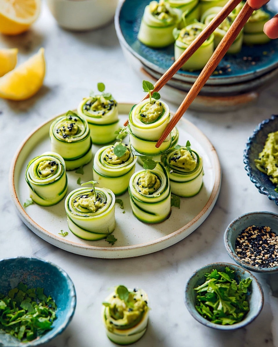 Thin green cucumber slices are rolled into small spirals showing green and light cream layers. Each roll is topped with a dollop of pale green avocado mix sprinkled with small black seeds and tiny pale green herb leaves. The rolls are arranged on two white plates, one plate stacked inside the other, placed on a white marbled surface. A woman's hand is using wooden chopsticks to lift one roll from the smaller plate. Around the plates are small bowls with chopped green herbs, lemon wedges, black seeds, and avocado mix. photo taken with an iphone --ar 4:5 --v 7