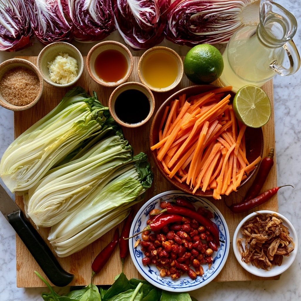 A wooden board sits on a white marbled surface, holding fresh layers of baby bok choy sliced lengthwise, showing pale green and white layers. To the right, a brown bowl is filled with thin orange carrot sticks, while a whole and halved lime sits next to a clear glass jug of light yellow lime juice. At the top, multiple halves of radicchio show deep purple and white veins. Small ceramic bowls hold brown sugar, minced garlic, light yellow rice vinegar, amber fish sauce, dark soy sauce, and golden peanut oil. A white plate with blue patterns holds roasted red peanuts mixed with whole red chili peppers, while more whole red chilies lie on the board near a black knife. Fried shallots rest in a small white plate, and some green leafy spinach is partially visible at the bottom. photo taken with an iphone --ar 4:5 --v 7