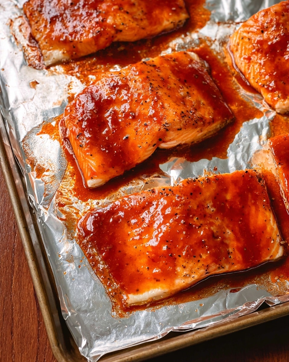 A white plate holds several pieces of grilled salmon fillets stacked on top of each other, each piece showing a bright pink-orange color with a shiny glaze of sauce that has a reddish-brown tint and some black pepper specks. The salmon has a firm texture with visible white lines and darker skin edges visible near the bottom of the fillets. In the background, there is a clear glass cup filled with light amber-colored liquid and a blurred gray plate with food, all set on a white marbled surface with a yellow cloth partially visible in the lower left corner. photo taken with an iphone --ar 4:5 --v 7