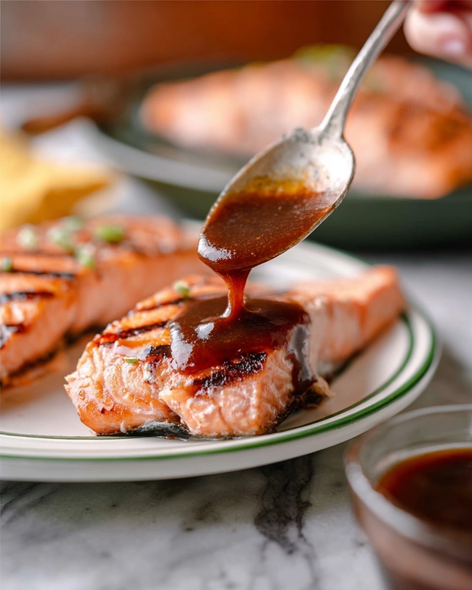 Several pieces of cooked fish fillets are placed on a baking sheet covered with shiny silver foil. Each fillet is covered with a thick, glossy red-orange sauce that has small specks of black pepper scattered across the surface. The fillets show a slight crispiness around the edges where the sauce has pooled and caramelized. The surface around the fish is dotted with tiny black pepper grains. The baking sheet sits on a brown wooden table, and the scene is well lit, showing the shiny texture of the foil and the vibrant sauce. Photo taken with an iphone --ar 4:5 --v 7