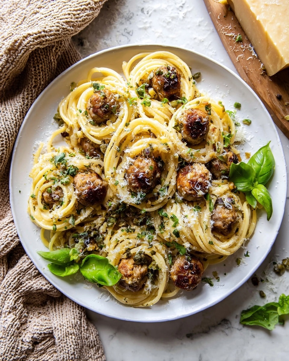 A white round plate on a white marbled surface holds a serving of spaghetti with small, browned meatballs scattered on top. The spaghetti noodles are light yellow, twisted in loose layers, with a slight shine from oil or sauce. Green, finely chopped herbs are sprinkled across the pasta, along with small dark capers. Grated cheese in white powder form is scattered over the dish, adding a textured contrast. A few fresh bright green basil leaves are placed on the pasta and around the plate. The background includes a beige knitted cloth and a chunk of hard cheese with a rough surface. Photo taken with an iphone --ar 4:5 --v 7