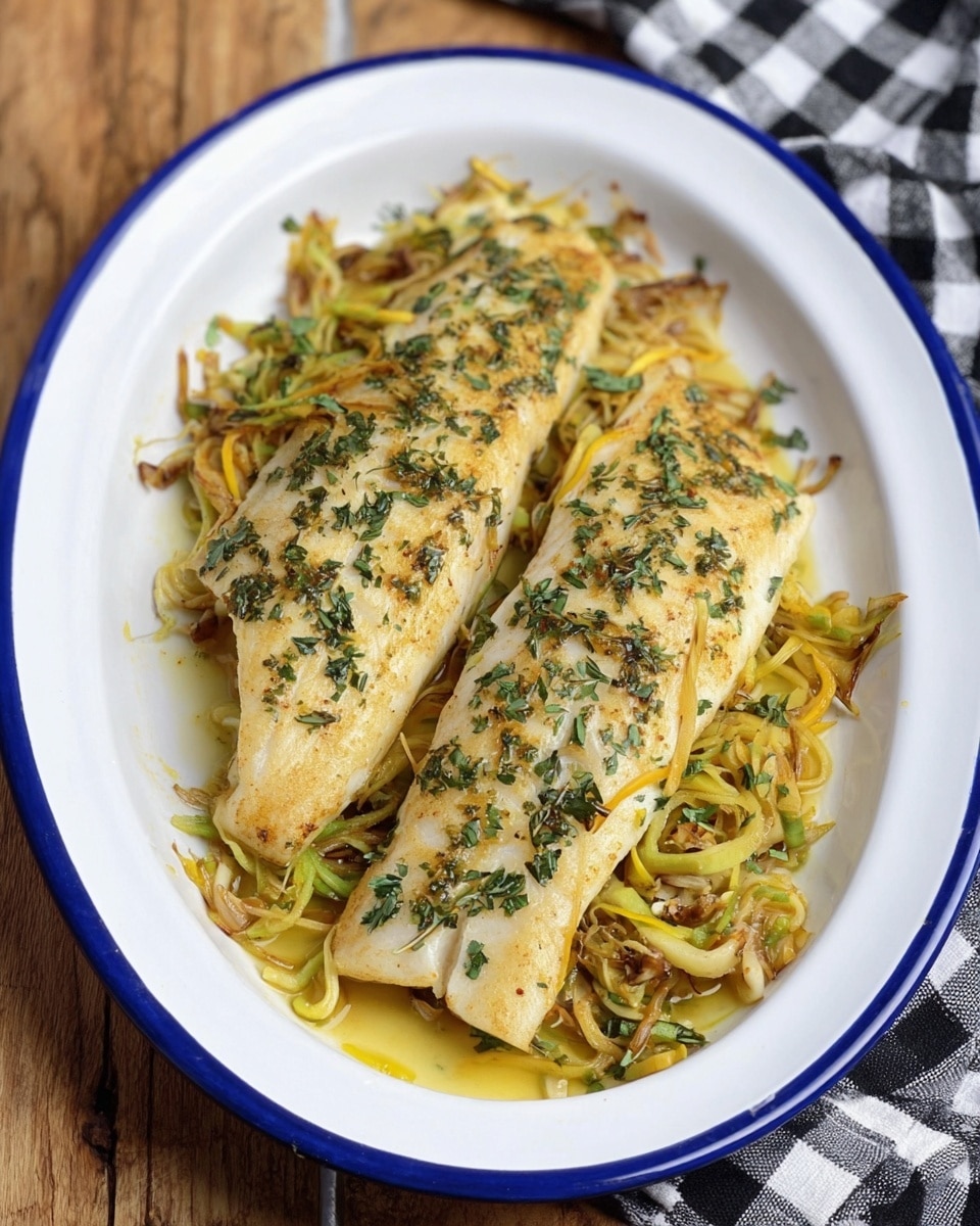 Two cooked fish fillets with a light golden color and herbs sprinkled on top are placed on a bed of mixed sautéed vegetables with thin yellow and green strands and small brown bits on a white oval plate with a blue rim. The plate is on a wooden surface with part of a black and white checkered cloth visible in the top right corner. The fish appears tender with slight cuts on the top surface showing the inside texture. Photo taken with an iphone --ar 4:5 --v 7
