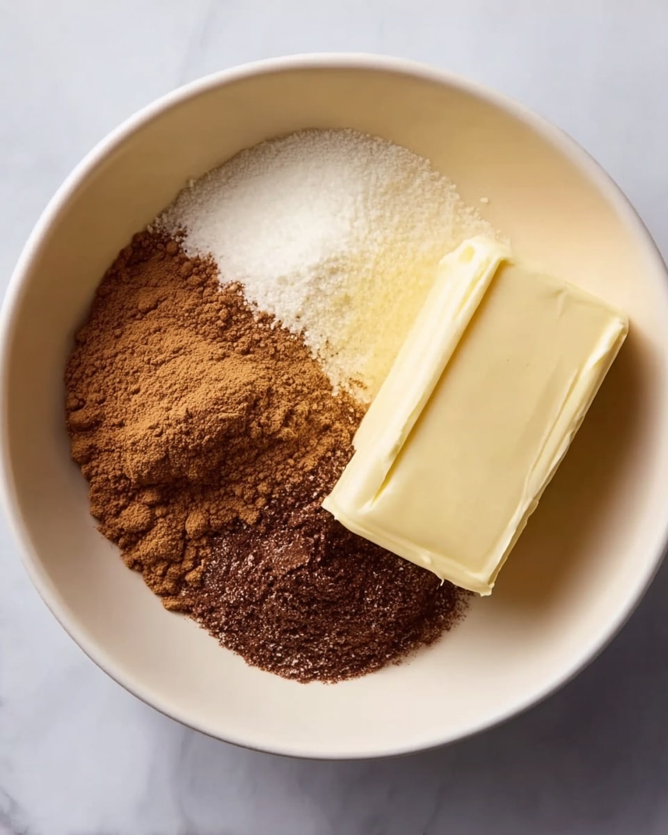 In a round white bowl, there are four layers of ingredients arranged side by side. On the left, a rich brown powder with a slightly rough texture, next to it a fine white granulated layer, followed by a darker brown granulated layer, and finally a thick pale yellow block of butter resting on the right side. The bowl is set on a white marbled surface that softly reflects light. photo taken with an iphone --ar 4:5 --v 7