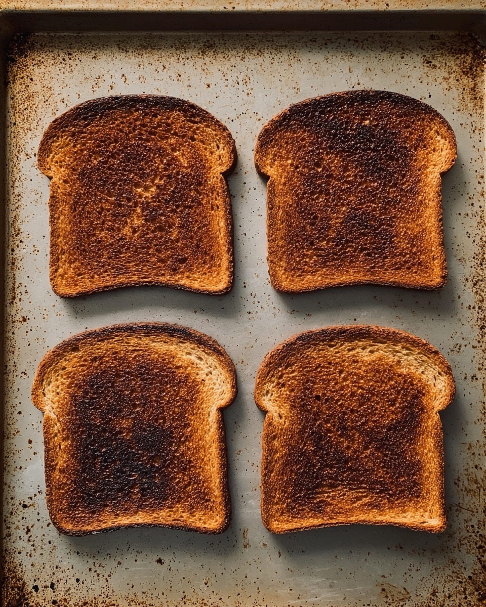 The image shows four slices of burnt toast on a metal baking tray. Each slice is dark brown with a rough, almost crumbly texture, and the edges are slightly uneven but rounded. The toast pieces are arranged in a two-by-two grid, with two slices at the top and two at the bottom. The baking tray has a worn, spotted surface with a light gray and rusty color, showing usage marks and stains. The image is taken from above, and the overall look is simple with no extra items or decorations visible photo taken with an iphone --ar 4:5 --v 7