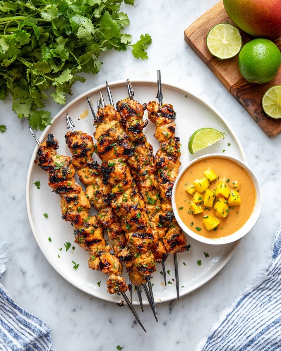 A white plate holds six metal skewers, each stacked with grilled pieces of chicken that have a golden brown color with char marks and small green herb bits sprinkled over them. On the bottom right of the plate, there is a small white bowl filled with a creamy orange sauce topped with yellow mango chunks and green herbs. The plate is placed on a white marbled surface with a bunch of fresh green cilantro and a halved lime on a wooden board to the top left, a whole mango on the right, and a halved lime at the bottom right. A blue and white striped cloth is slightly visible at the bottom left. photo taken with an iphone --ar 4:5 --v 7