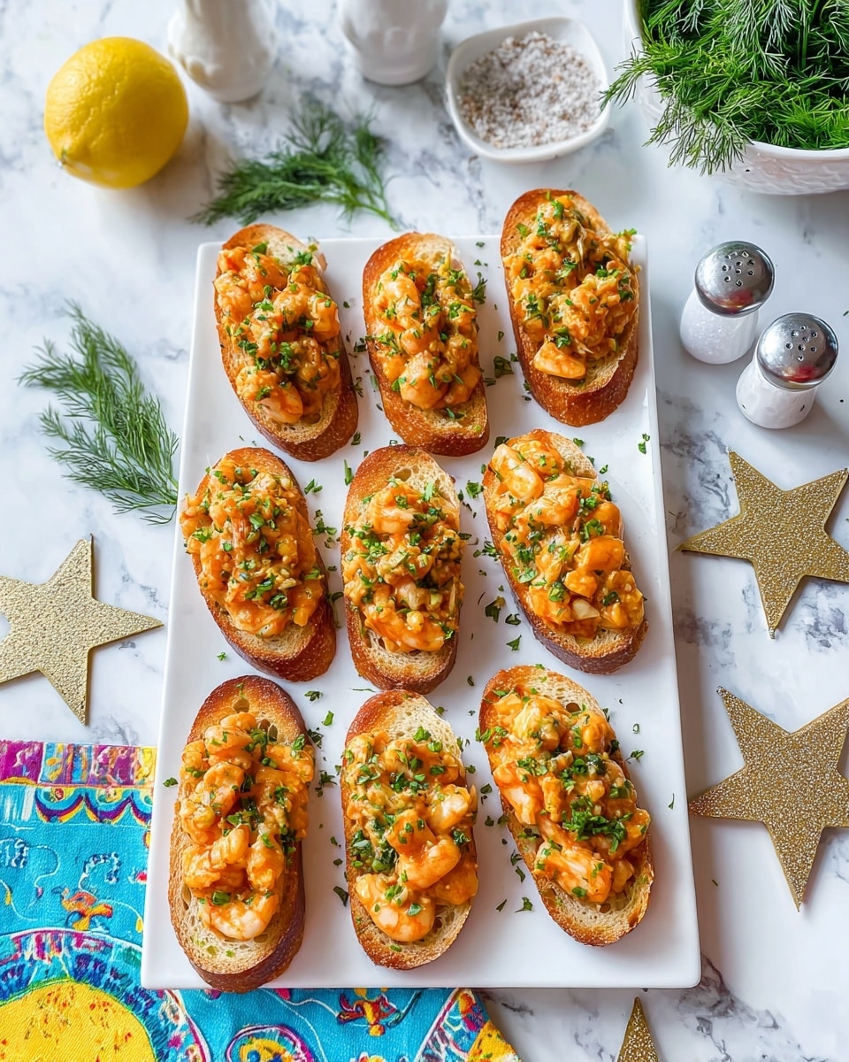 There are ten pieces of toasted baguette slices forming two rows on a white rectangular plate, each slice topped with a chunky shrimp mix that is orange with green herbs scattered throughout. The shrimp topping looks soft and saucy with visible small green pieces, possibly herbs or vegetables, spread evenly on each slice. Finely chopped green herbs are sprinkled over the top, adding dots of bright green color. The plate sits on a white marbled surface, with a halved lemon, salt and pepper shakers, sprigs of fresh dill in a small bowl, and two golden star decorations placed around it. A colorful cloth with blue and yellow patterns is partly visible under the plate. Photo taken with an iphone --ar 4:5 --v 7