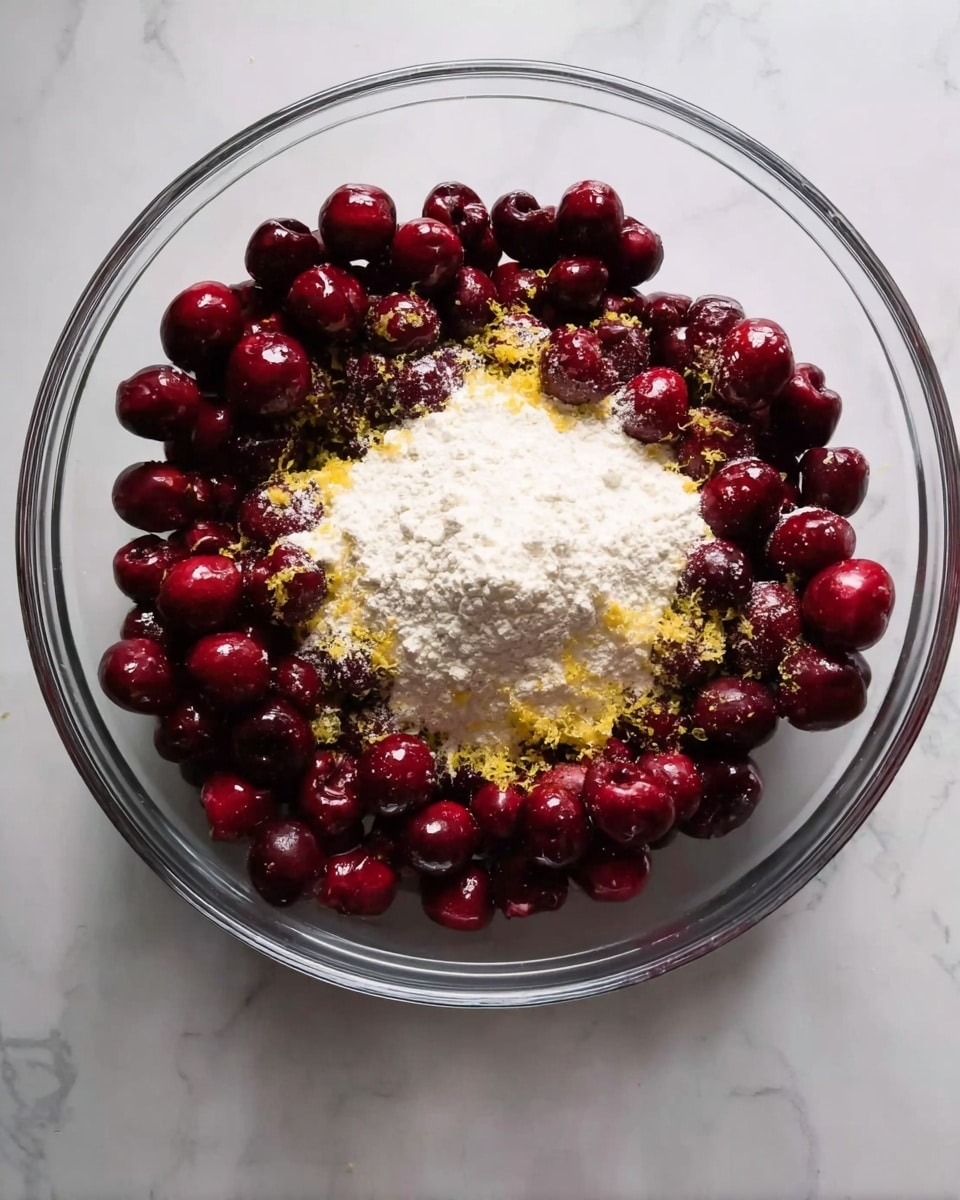A clear glass bowl sits on a white marbled surface, filled with deep red cherries forming the base layer. On top of the cherries, there are small amounts of yellow zest scattered unevenly. The top center of the bowl holds a mound of white flour, adding a powdery texture contrasting with the shiny cherries below. Photo taken with an iphone --ar 4:5 --v 7