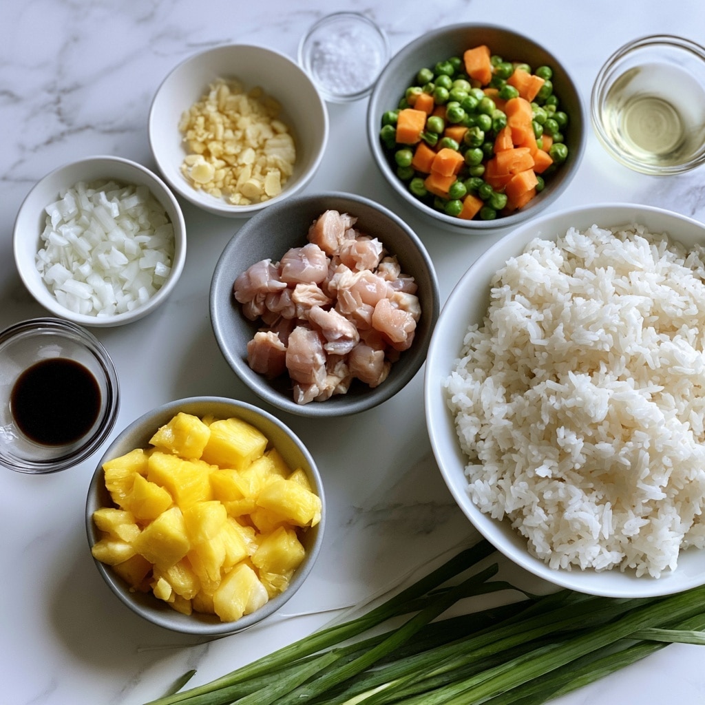The image shows various ingredients arranged neatly on a white marbled surface. There are small white bowls with chopped ginger and garlic, and finely diced white onion. A gray bowl holds small chunks of raw chicken, and another gray bowl contains bright yellow pineapple pieces. Another gray bowl contains a mix of green peas and orange carrot cubes. A larger white bowl is filled with fluffy white rice. There are small clear glass bowls with soy sauce, oyster sauce, salt, black pepper, sesame oil, and plain oil placed around the bowls. Fresh green onions lie on the surface as well. The lighting is soft and natural, and the photo was taken with an iphone --ar 4:5 --v 7