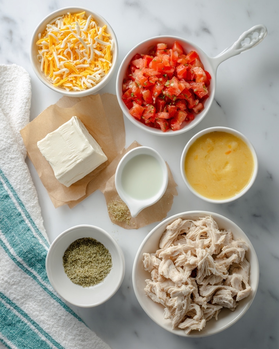 A top-down view of several white bowls and a small measuring cup arranged on a white marbled surface. One bowl is filled with shredded yellow and white cheese with a textured, stringy look. Another bowl contains bright red diced tomatoes with green bits mixed in. A small white dish holds a light green powder, labeled ranch seasoning. A larger bowl has a smooth, creamy, bright yellow substance labeled cream of chicken soup. The measuring cup holds a small amount of smooth, pale evaporated milk. A white square block of cream cheese sits on light brown parchment paper, showing its smooth, soft texture. The final bowl contains chunks of cooked chicken, beige in color with a fibrous appearance. Around the bowls are handwritten style labels naming each ingredient. The overall setting is bright and clean with natural lighting and a visible corner of a white towel with turquoise stripes. photo taken with an iphone --ar 4:5 --v 7