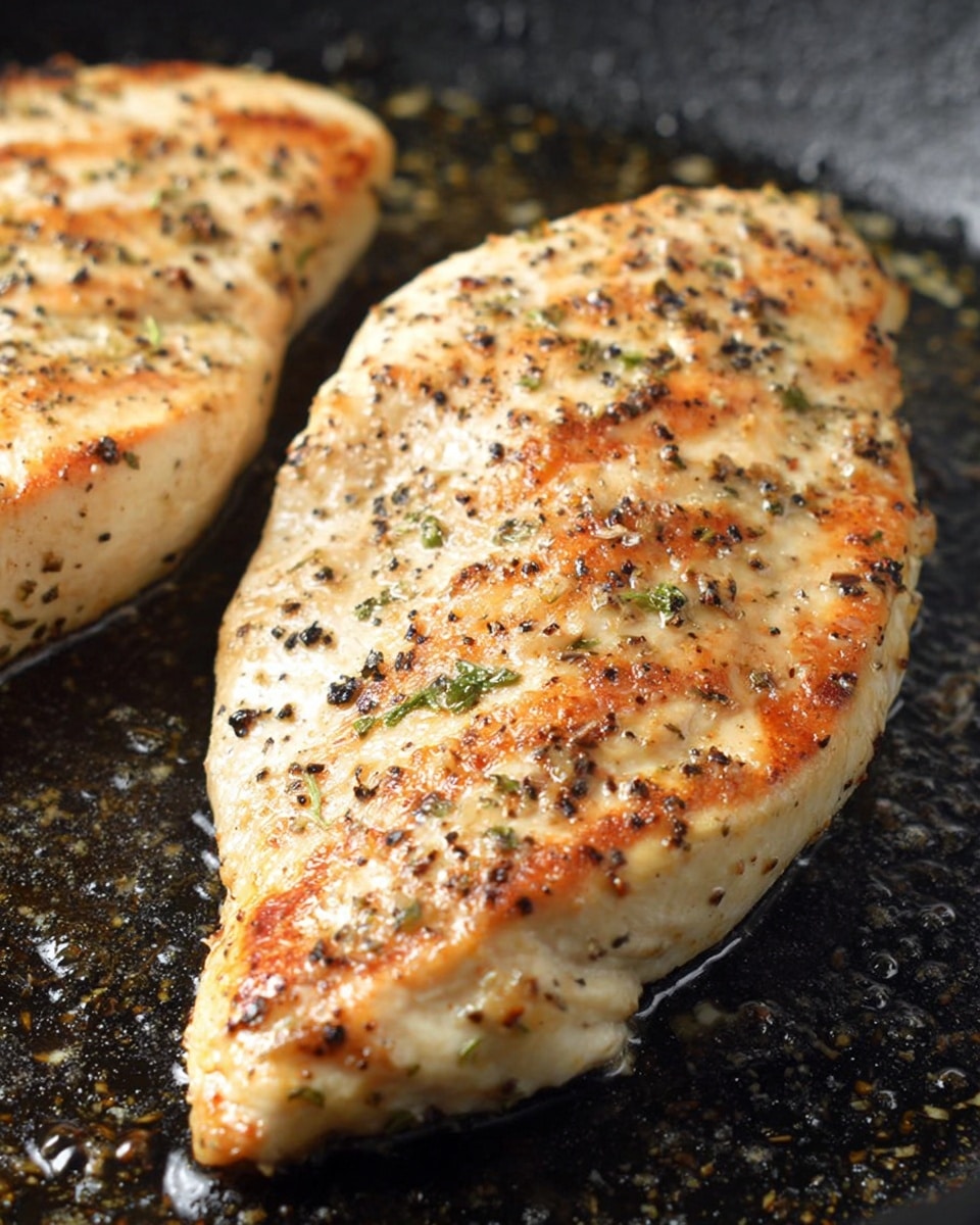 A close-up view of two cooked chicken filets in a black pan with oil. The chicken pieces are light golden brown with visible grill marks and are sprinkled with small green herbs and black pepper evenly across the surface. The texture looks slightly crispy on the edges with a moist inside. The pan has some oil bubbles and a shiny oily surface around the chicken. photo taken with an iphone --ar 4:5 --v 7
