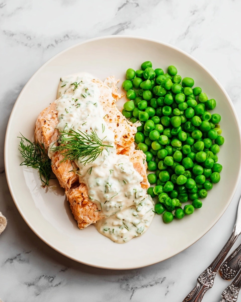 A white round plate holds a meal consisting of two main parts: on the left, there are layered slices of cooked salmon with a soft, flaky texture and a light orange color, topped with a thick, white creamy sauce that has small green herbs mixed in. A small sprig of fresh dill rests on the salmon under the sauce. On the right side of the plate, there is a neat pile of vibrant green peas, round and shiny, creating a color contrast with the salmon. The plate is set on a white marbled surface, and part of a silver fork is visible at the bottom right corner. photo taken with an iphone --ar 4:5 --v 7