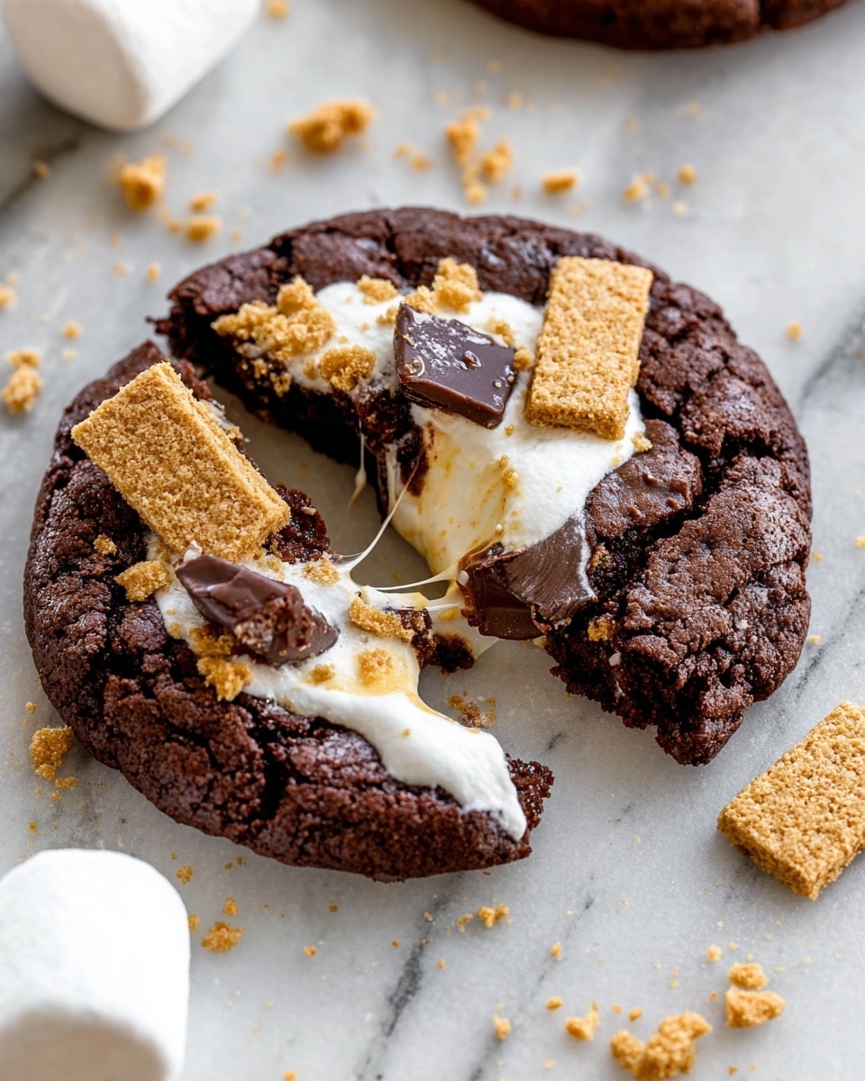 A close-up of a dark brown chocolate cookie broken in half, revealing a gooey white marshmallow layer inside that stretches between the two halves; the cookie top is decorated with small pieces of light tan graham crackers and a visible dark chocolate chunk. The cookie sits on a white marbled surface with scattered graham cracker crumbs and a whole marshmallow in the background. Photo taken with an iphone --ar 4:5 --v 7