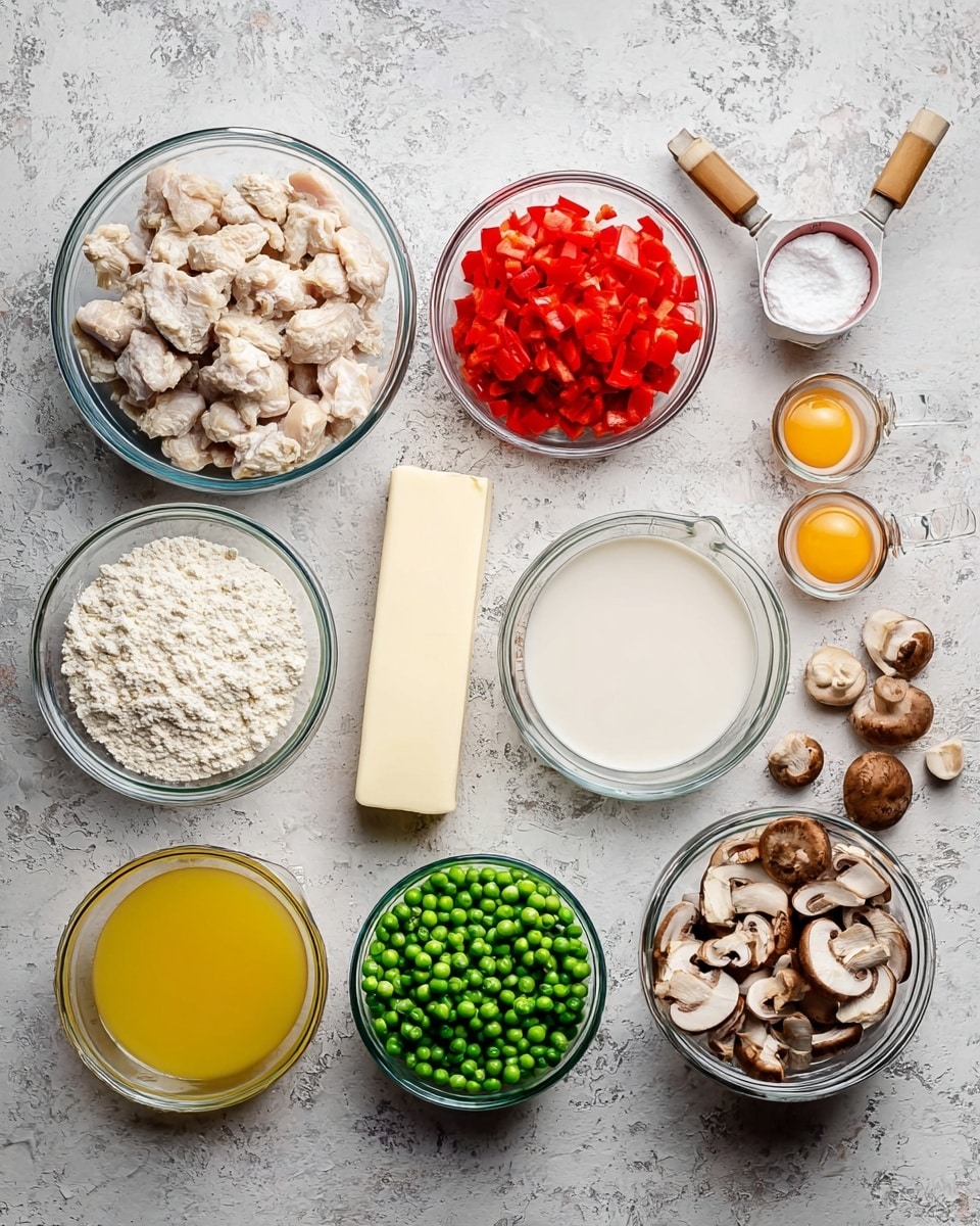 This image shows a top view of ingredients arranged on a white marbled texture. From left to right, there is a large clear glass bowl filled with small pieces of cooked white chicken, a smaller clear glass bowl with chopped red bell peppers, a stick of butter in front of the peppers, two measuring cups with wooden handles holding white flour and a small amount of cream, a clear glass measuring cup filled with milk, and a small bowl with two egg yolks. Below the butter and flour are a clear glass measuring cup with yellow broth, a clear glass bowl filled with green peas, and finally, a clear glass bowl filled with sliced brown mushrooms and a few loose mushroom pieces around it. All items are neatly placed with no overlap. photo taken with an iphone --ar 4:5 --v 7
