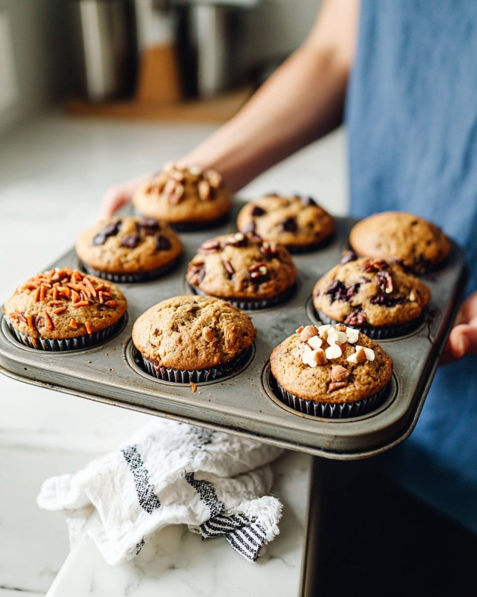 A metal muffin tray holds nine freshly baked muffins, each with a golden-brown top and different toppings. The front row has three muffins: the first with shredded orange carrot, the second with pecan pieces, and the third also with pecan pieces. The middle row has two muffins, one with dark chocolate chips and the other with large chocolate chunks and white almond slices. The last row in the back shows three more muffins, two topped with dark chocolate chunks and one with pecans. The tray is held by a person wearing a blue shirt, and a white and black striped cloth is nearby. The background is a white marbled kitchen surface with blurred details. Photo taken with an iphone --ar 4:5 --v 7