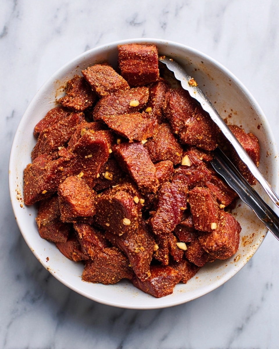 The image shows a white bowl filled with many pieces of raw meat that are coated with a reddish-brown spice mix and small bits of garlic. The meat pieces are piled up, with some overlapping and others lying flat in the bowl, creating a rough, chunky texture. Two metal tongs rest inside the bowl, positioned diagonally with dark handles and shiny silver gripping ends. The bowl is placed on a white marbled surface with subtle grey veining. The lighting is bright and even, highlighting the coarse texture and rich color of the spice-covered meat photo taken with an iphone --ar 4:5 --v 7