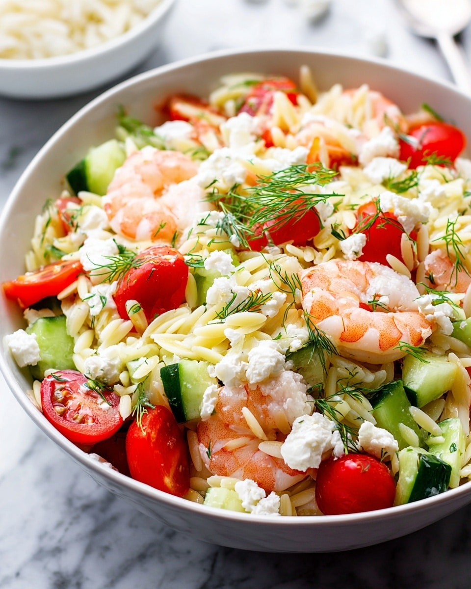 A white bowl filled with a layered shrimp salad sits on a white marbled surface. The bottom layer is light yellow orzo pasta mixed with small green herbs. On top, bright red cherry tomatoes and light pink shrimp are scattered evenly. Fresh green cucumber chunks and green leafy herbs add texture. Small white crumbly cheese pieces are spread over the salad. Thin green dill sprigs are lightly placed on the top for decoration. In the blurred background, there is a bowl of white rice, all photographed with soft natural light. photo taken with an iphone --ar 4:5 --v 7
