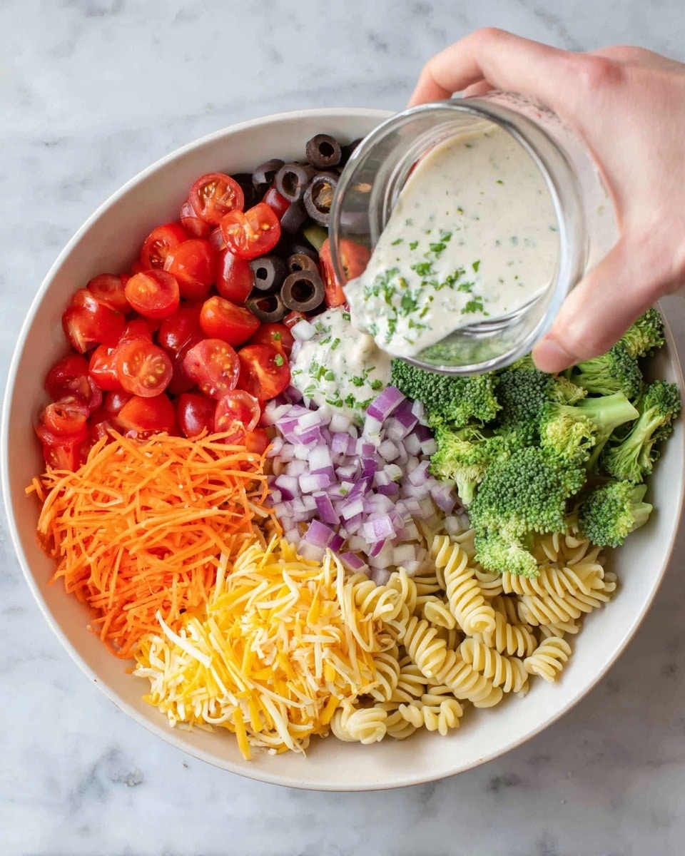 A large white bowl sits on a white marbled texture surface, filled with fresh colorful ingredients neatly arranged in sections. At the top right are bright green broccoli florets with chopped red bell pepper to their right. Below the broccoli, there are sliced black olives on top of yellow spiral pasta. Next to that is a mound of shredded chedder cheese, followed by shredded orange carrots. On the left side, there are halved cherry tomatoes, and finely chopped red onions are sprinkled over some broccoli and tomatoes. A woman's hand is pouring a creamy white dressing with small green herbs over the olives and pasta. The image is clear and bright, showing all textures in detail. photo taken with an iphone --ar 4:5 --v 7
