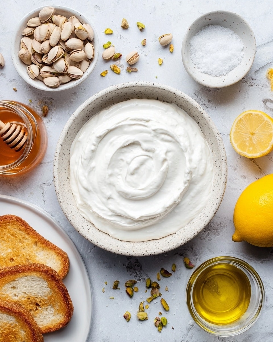A white bowl filled with thick, smooth, creamy white yogurt with soft swirls on top sits in the center on a white marbled surface. Surrounding it are small white bowls, one with shelled pistachios and one with coarse salt, a small jar of golden honey with a wooden dipper, a clear glass jar of olive oil with a silver spoon inside, and a large bright yellow lemon. In the lower left corner, a white plate holds several thick pieces of golden brown toasted bread with a crispy texture. photo taken with an iphone --ar 4:5 --v 7