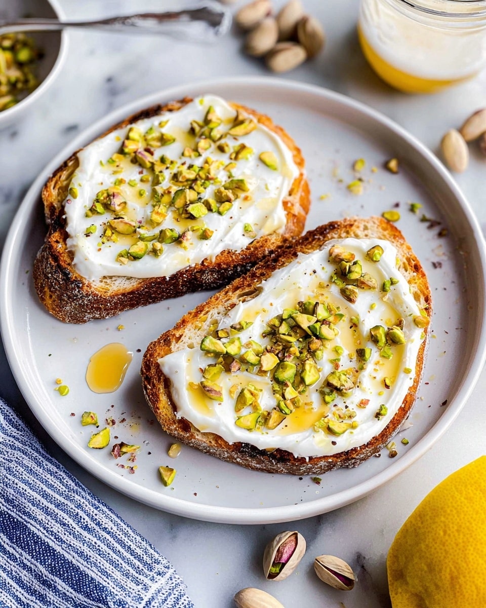 Two pieces of toasted bread sit on a white plate on a white marbled surface. Each slice is thickly covered with a smooth layer of white yogurt. Crushed green pistachios are sprinkled evenly over the yogurt, adding texture. A light drizzle of glossy golden honey coats the yogurt, pooling slightly between the slices. The toasted bread edges are browned and crisp, providing a crunchy contrast to the creamy yogurt. Around the plate, some whole pistachios and small crumbs add to the rustic feel. A cut lemon half and part of a honey jar are visible nearby, adding fresh and sweet accents to the scene. photo taken with an iphone --ar 4:5 --v 7