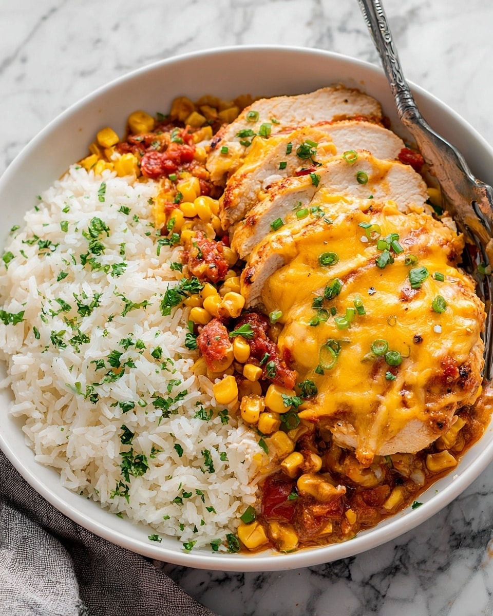 A white plate holds a serving of white rice sprinkled with green herb bits on the left side. On the right side, there are three thick slices of cooked chicken covered with a golden melted cheese layer mixed with small pieces of yellow corn and bits of red sauce. The chicken is placed on top of more sauce with visible corn and herbs, and the cheese has melted unevenly creating a textured, rich look. A fork rests under the top right chicken slice, touching the white marbled surface underneath. Photo taken with an iphone --ar 4:5 --v 7