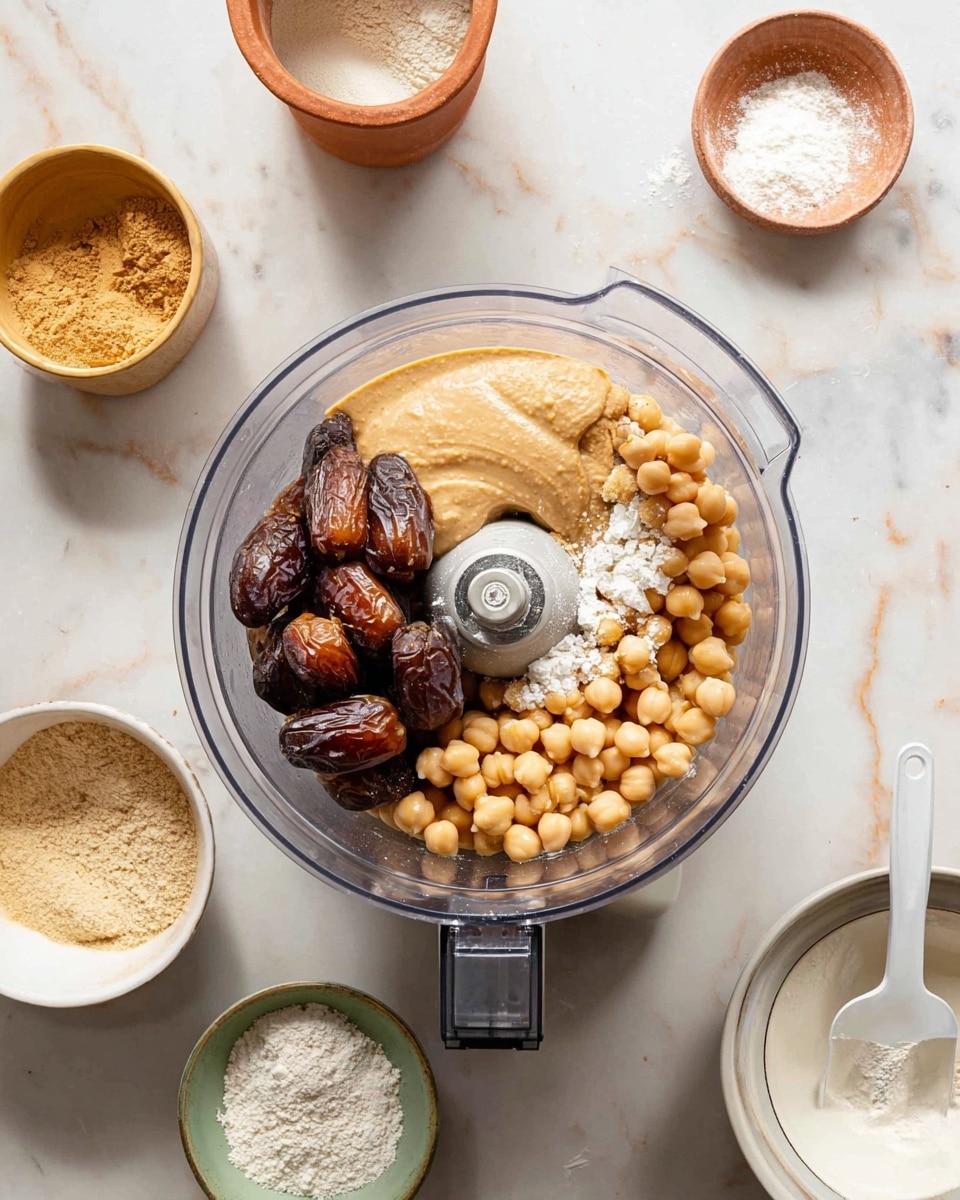 Inside a clear food processor bowl, there are four main layers: on the left side, a cluster of dark brown dates with wrinkled texture; on the right side, a group of round, light beige chickpeas; at the back, a smooth, thick layer of light brown tahini; sprinkled lightly on top are small patches of white salt or baking powder. Around the food processor, there are small white bowls containing creamy white ingredients and a clear bowl with a light beige powder, all placed on a white marbled surface. A small white bowl below the processor has remaining tahini with a white spatula inside. Photo taken with an iphone --ar 4:5 --v 7