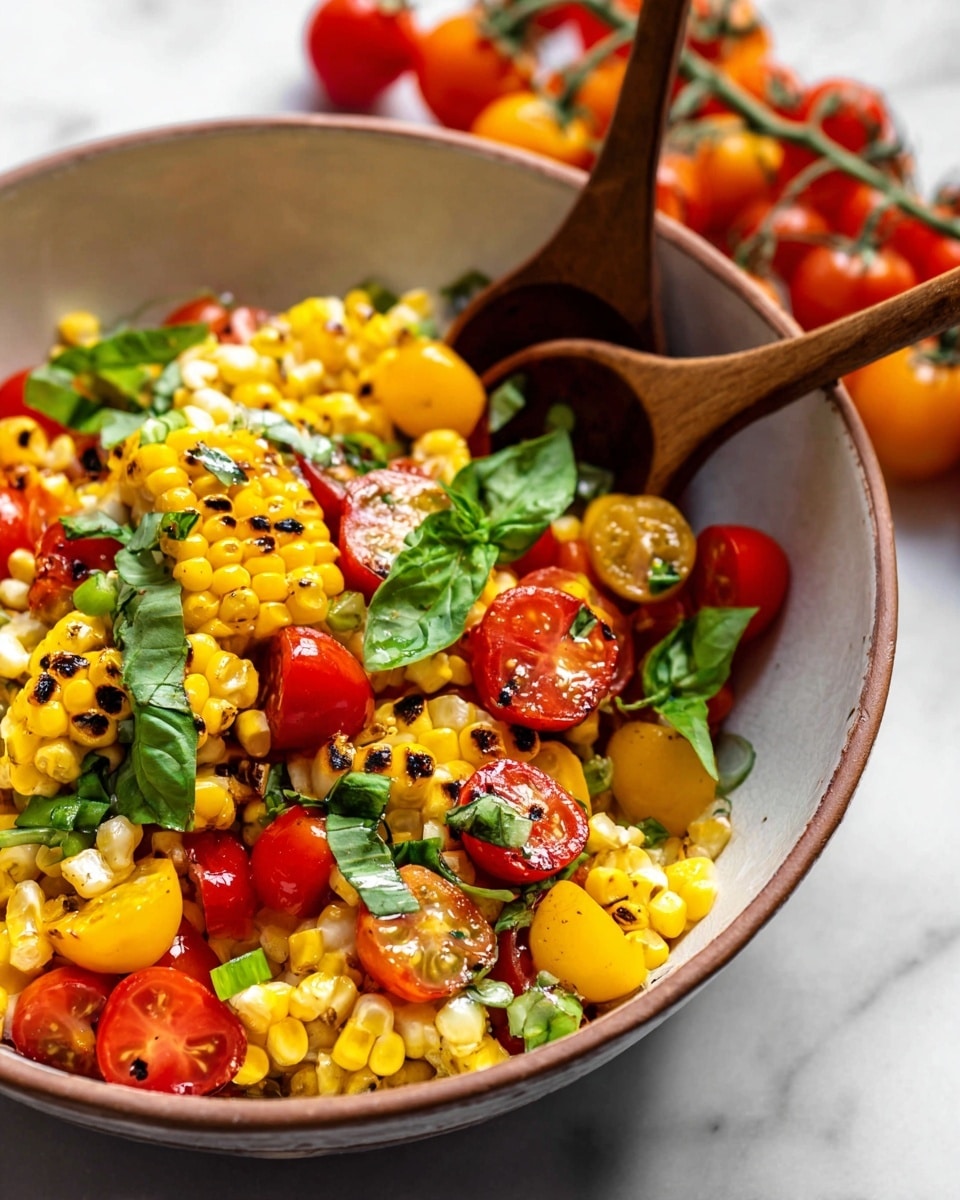 A close-up photo of a colorful corn salad in a white bowl, sitting on a white marbled surface, with two wooden spoons inside the bowl. The salad has three main layers: the bottom layer is yellow corn pieces, some with light char marks, mixed with chopped green onions; the middle layer has halved red and yellow cherry tomatoes scattered evenly; the top layer shows bright green basil leaves spread across, adding freshness. In the background, there are more cherry tomatoes on the vine slightly blurred. Photo taken with an iphone --ar 4:5 --v 7