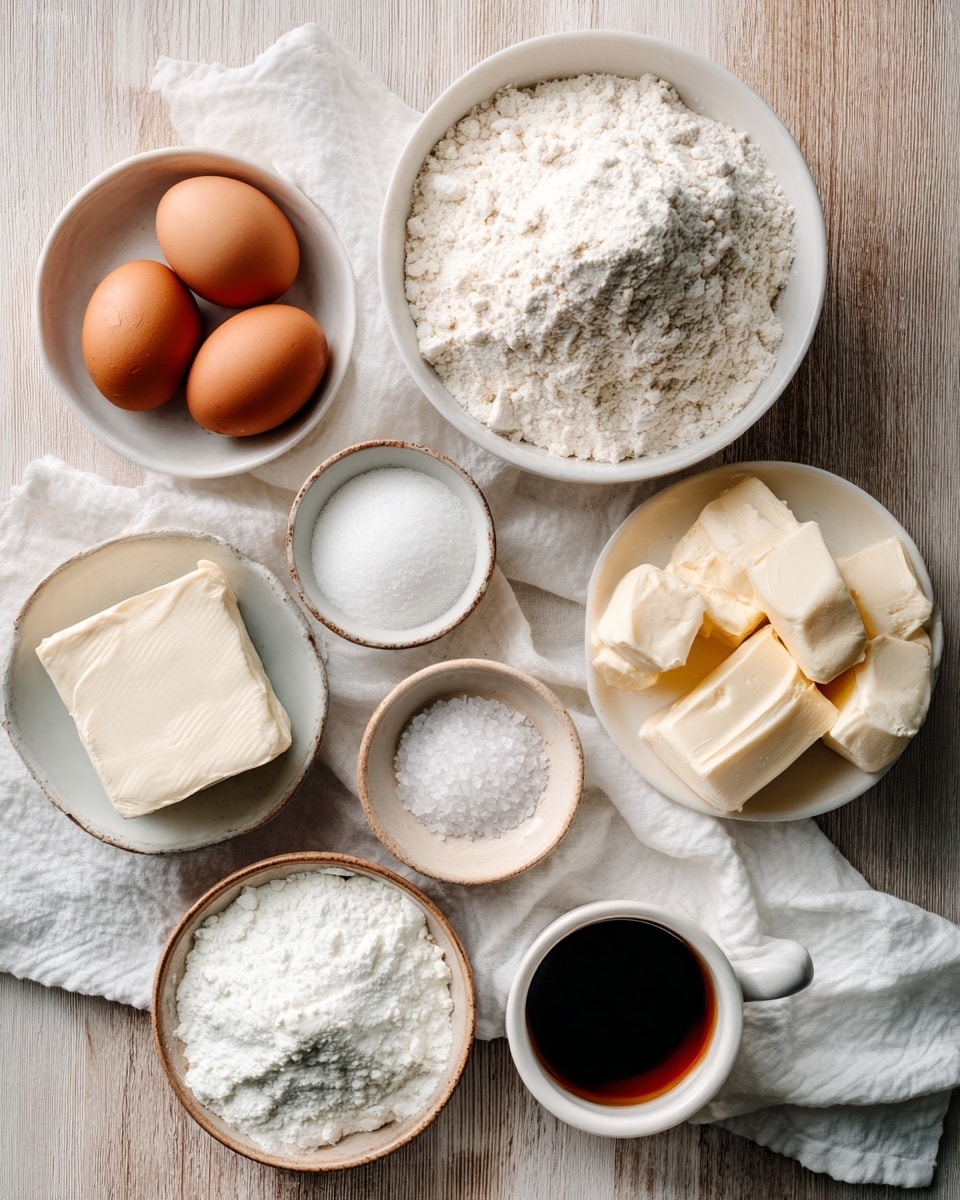 The image shows a wooden table topped with a white textured cloth spread underneath several small white bowls and dishes containing baking ingredients. At the top center is a white bowl filled with soft white cake flour that has a slightly lumpy texture. To the left below, a white bowl holds three smooth brown eggs. To the right, a white bowl displays softened butter cut into thick slices piled neatly. A small white bowl below contains a block of cream cheese with a smooth and creamy texture. At the bottom left, a tiny white dish holds a small pile of white baking powder, while next to it is a white bowl with a fine white grainy sugar. A small white bowl in the center holds a small amount of coarse kosher salt with visible grains. Finally, at the bottom right, a white cup with dark vanilla and almond extracts shines with its rich glossy liquid. All items rest on a soft white cloth over a light wood table with a clean layered look. Photo taken with an iphone --ar 4:5 --v 7