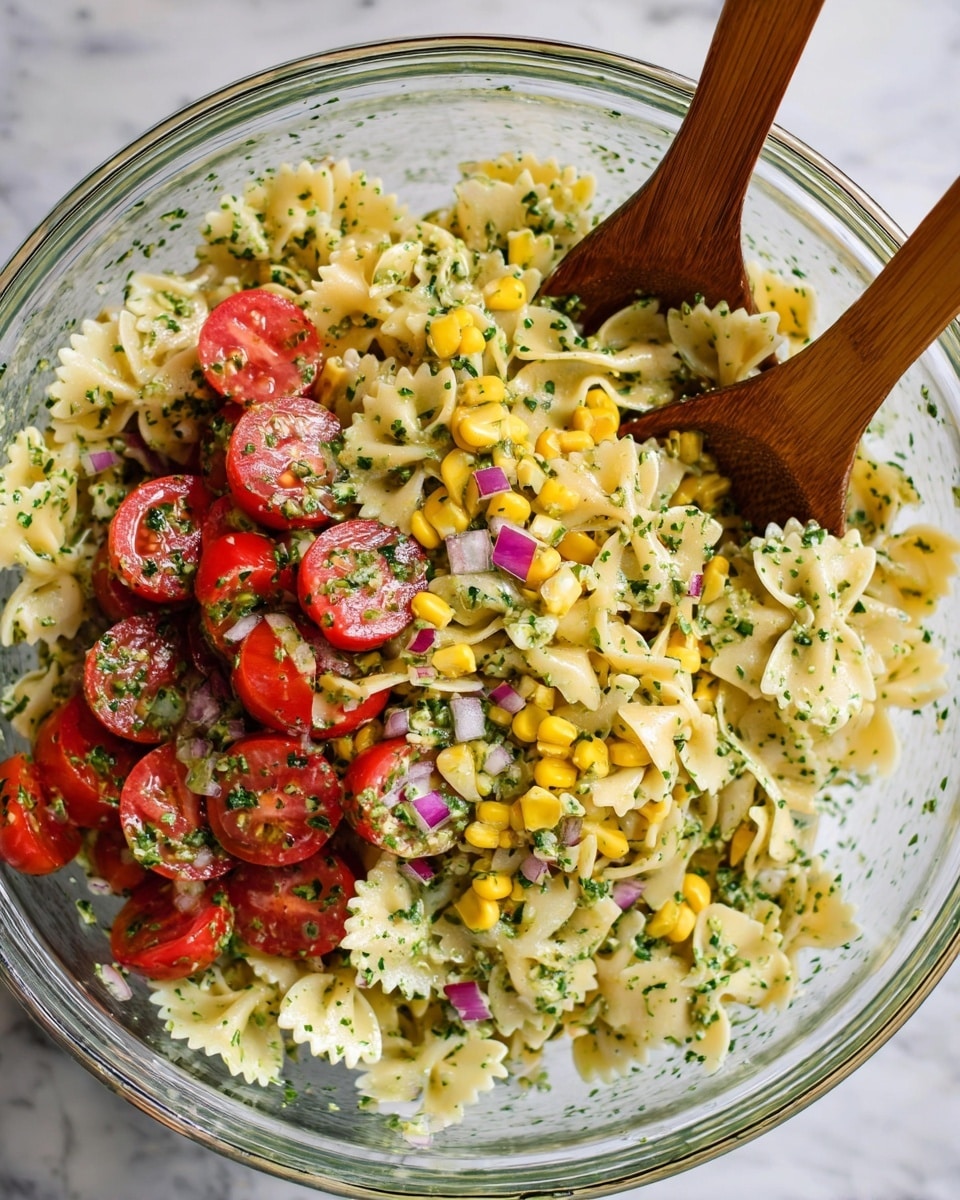 A clear glass bowl holds a colorful pasta salad with three main layers: the base layer consists of light yellow bow-tie pasta mixed with chopped green herbs, the middle layer has bright yellow corn pieces scattered throughout, and the top layer is dotted with whole and halved red cherry tomatoes along with small chunks of purple onion. The pasta and vegetables are evenly coated with green herb dressing, creating a fresh, vibrant look. Two wooden spoons, one on the left and one on the right, rest in the bowl, slightly submerged under the salad. The bowl sits on a white marbled surface. Photo taken with an iphone --ar 4:5 --v 7