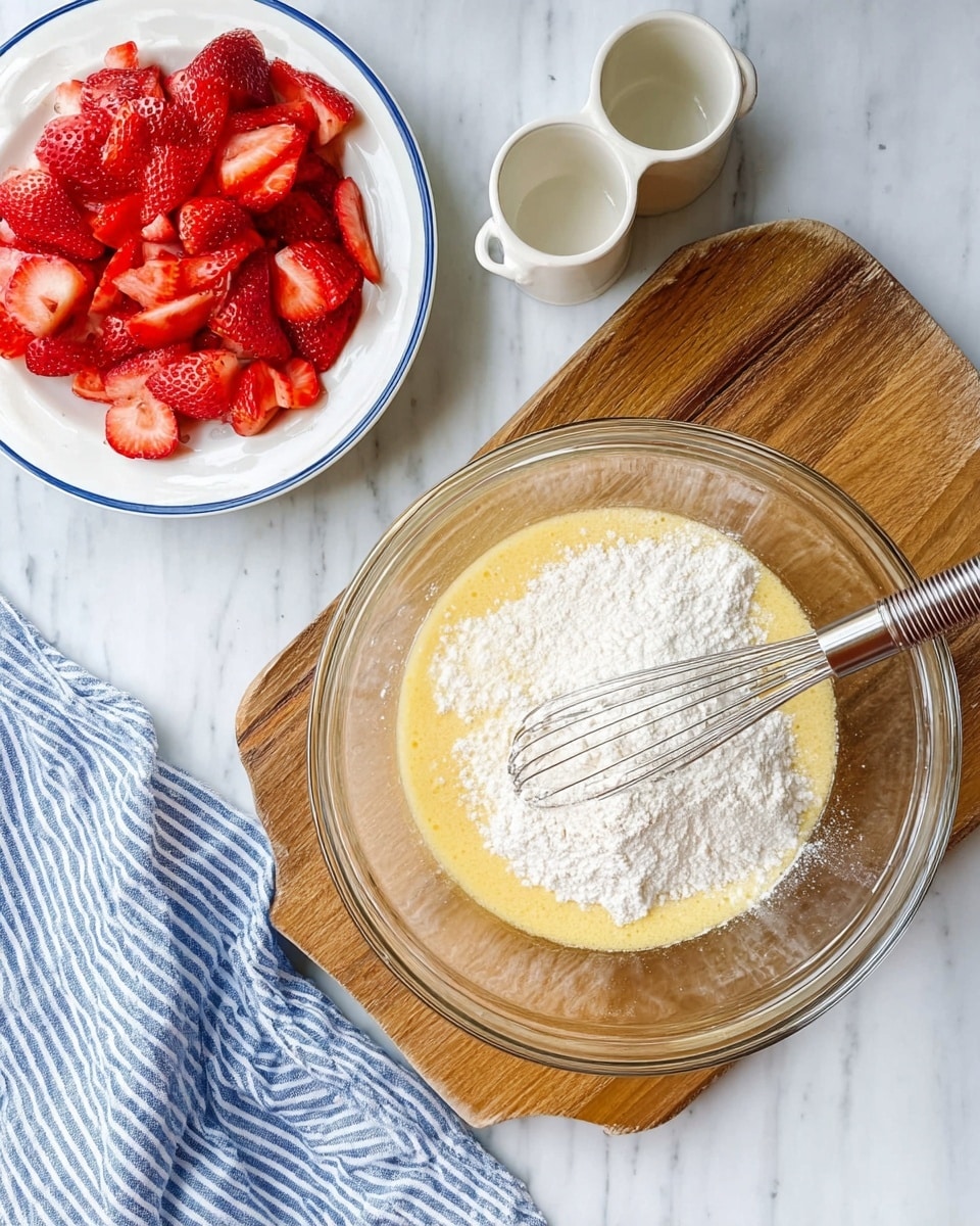 The image shows a clear glass bowl placed on a wooden cutting board, filled halfway with a yellow liquid mixture topped with a mound of white flour, accompanied by a metal whisk resting inside the bowl. To the left, there is a smaller clear glass bowl filled with bright red sliced strawberries, sitting on a white plate with a thin blue rim. Near the bowls, a small white container is open, showing two empty connected compartments. The scene is set on a white marbled surface with a blue and white striped cloth casually placed at the bottom left corner. photo taken with an iphone --ar 4:5 --v 7