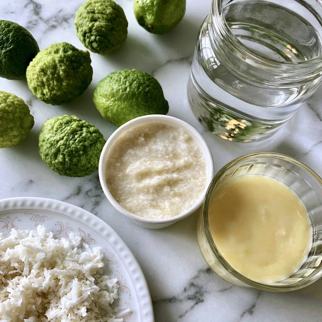 The image shows several green limes scattered on a white marbled surface, with their rough texture clearly visible. To the right, there is a clear glass jar filled with water, showing a transparent layer with slight reflections. Below the jar, a white cup holds canned coconut milk with a smooth, creamy, off-white surface. Next to it, a clear glass holds sweetened condensed milk, pale yellow and thick in texture. In the foreground, a white plate with delicate patterns contains a layer of white shredded coconut, looking light and fluffy. Each item is clearly labeled with black text on white backgrounds. Photo taken with an iphone --ar 4:5 --v 7