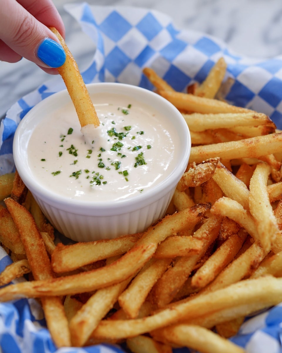 The image shows a close-up of a pile of golden brown fries that look crispy, placed next to a small white bowl filled with light creamy white sauce sprinkled with green herbs. Both the fries and the sauce are sitting on a blue and white checkered paper inside a white container. The background is a white marbled texture. photo taken with an iphone --ar 4:5 --v 7
