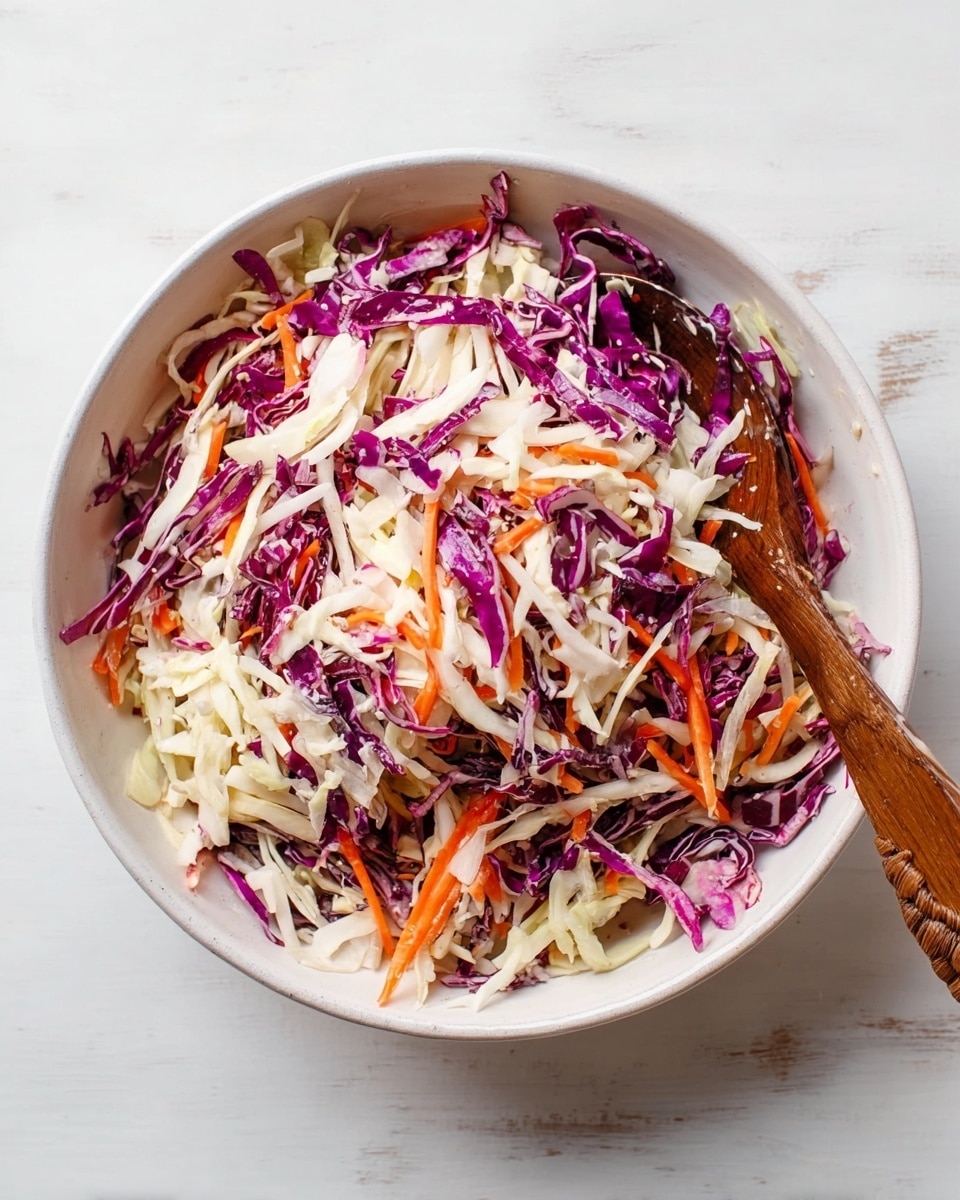 The image shows a bowl filled with a salad made of thinly sliced white cabbage, purple cabbage, and orange carrot strips. The salad is mixed evenly, creating layers with bright white, deep purple, and vibrant orange colors spread throughout. The bowl is white and round, sitting on a white marbled surface. A wooden spoon with a twisted handle rests inside the bowl on the right side. Photo taken with an iphone --ar 4:5 --v 7