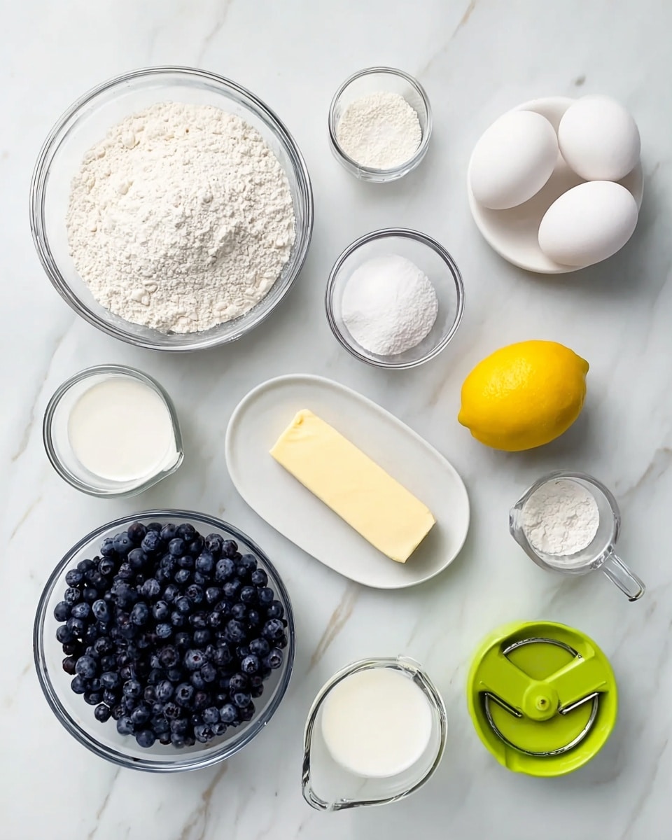 The image shows a top view of various baking ingredients carefully arranged on a white marbled surface. There is a large clear glass bowl filled with white flour on the bottom left and a medium glass bowl filled with dark blue blueberries on the right. Near the flour, there is a small glass bowl with white powder, a small bowl with white sugar, and a glass stick of pale yellow butter on a transparent dish in the center. There are two white eggs placed on a white plate towards the top right. A bright yellow lemon sits inside a small glass bowl near the middle bottom, next to a small clear measuring cup filled with white milk. A vivid green plastic citrus juicer is near the lemon. The overall look is bright and fresh with clean, simple colors. photo taken with an iphone --ar 4:5 --v 7