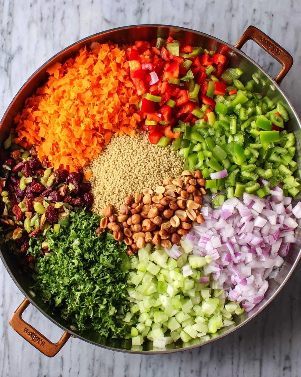 A round cooking pan filled with colorful ingredients arranged in neat sections, starting with bright orange finely chopped carrots on the top left, then red chopped bell peppers, followed by green chopped bell peppers on the top right; below them is a pile of finely chopped pale purple onions. At the bottom right are small pieces of bright green cucumber, next to them are brown roasted peanuts at the bottom center. To the left of the peanuts is a pile of chopped green leafy herbs, and in the center of the pan is a base of light tan grain, likely quinoa. The pan rests on a white marbled textured surface with visible handles on either side photo taken with an iphone --ar 4:5 --v 7