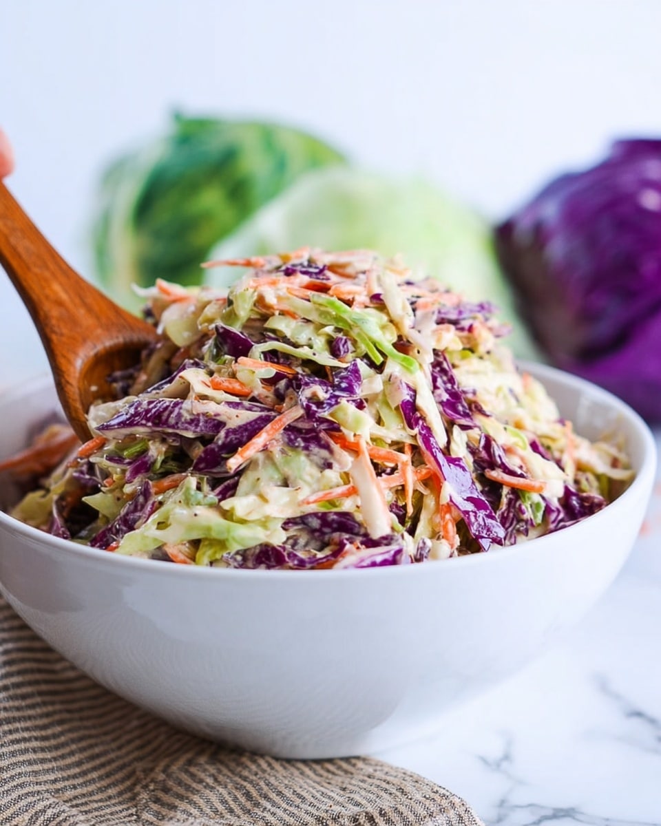 The image shows a white bowl filled with a colorful coleslaw salad, with three main layers visible in the mix: shredded purple cabbage with a deep violet color, shredded green cabbage providing light green and white textures, and thin strips of orange carrot adding a bright contrast. The salad is lightly coated in a creamy dressing, giving a slightly glossy look. The bowl is placed on a white marbled surface with a wooden spoon resting inside the bowl, slightly angled toward the back. In the background, blurred green and purple cabbages can be seen, adding natural colors to the scene. A woman's hand is gently holding the wooden spoon. photo taken with an iphone --ar 4:5 --v 7