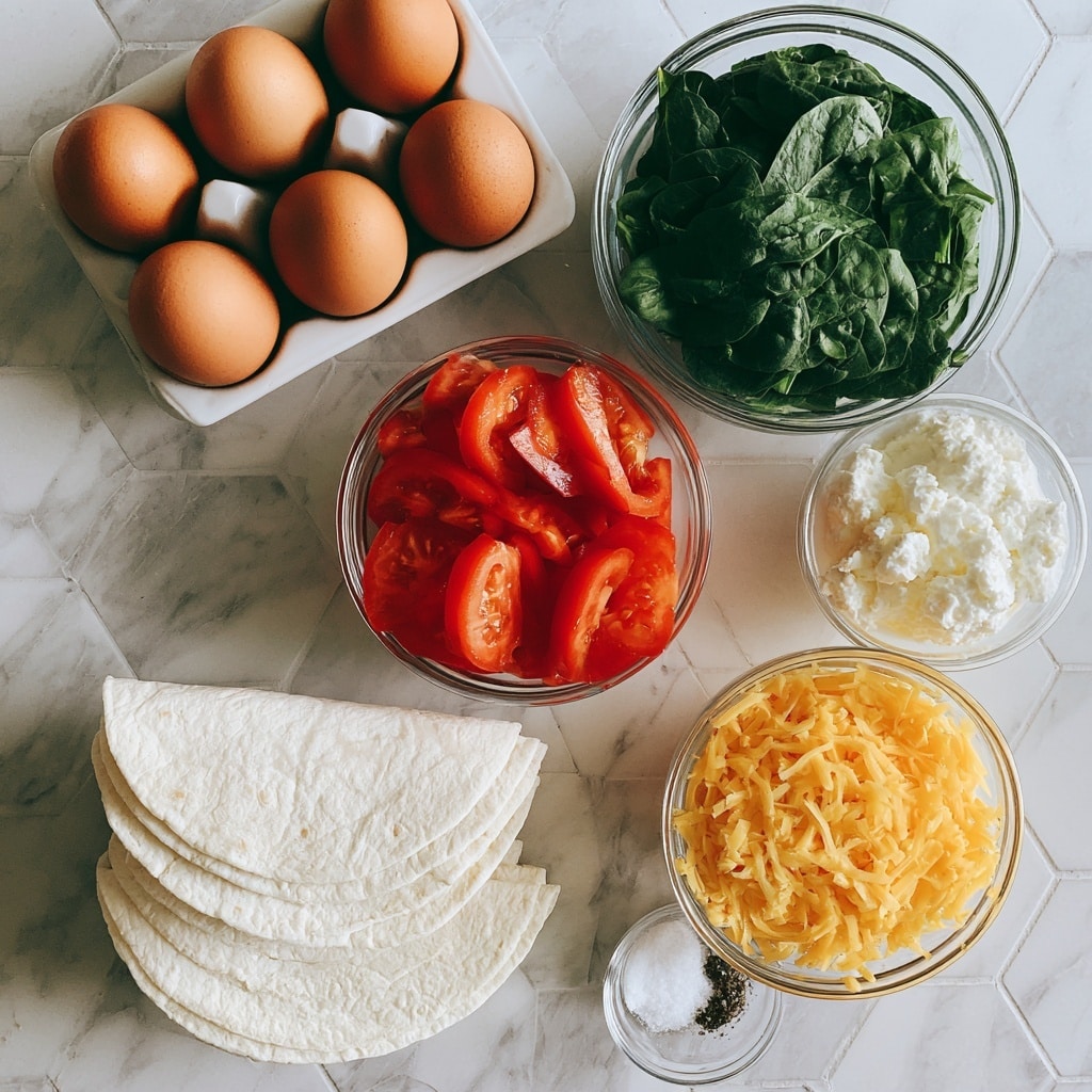 The image shows ingredients for a meal arranged neatly on a white marbled hexagon-tiled surface. There are six brown eggs in a white egg carton at the top left. To the right of the eggs, there is a clear glass bowl filled with fresh green spinach leaves. Below the spinach, another glass bowl contains bright red sliced tomatoes. Next to the tomatoes on the right, a smaller clear glass bowl holds white cottage cheese with a soft texture. Below that, a glass bowl has shredded yellow cheddar cheese. At the bottom left, there are three white tortillas folded in half stacked on top of each other. Lastly, near the bottom right, there is a tiny glass bowl containing salt and pepper. photo taken with an iphone --ar 4:5 --v 7