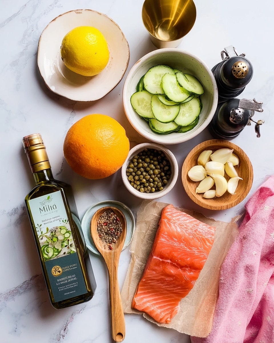 The image shows a white plate with a lemon on a small round white bowl at the top left, a small gold cup at the top right, a larger bowl filled with thinly sliced cucumber in the middle, and a small bowl with capers and a wooden spoon to the right of the cucumber bowl. Below the plate, there is a large orange next to a piece of raw salmon on a piece of parchment paper. To the right of the salmon is a small wooden bowl filled with sliced garlic. On the left side of the frame, there is a bottle of olive oil with a green label, and on the right side are two pepper grinders, one black and one white, next to a jar of peppercorns. The surface is a white marbled texture with a pink cloth under the olive oil bottle. Photo taken with an iphone --ar 4:5 --v 7