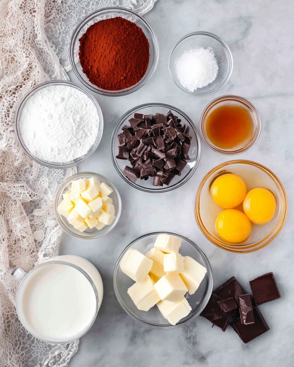 Several small clear glass bowls hold different ingredients on a white marbled surface. From top to bottom and left to right, there is one bowl with a dry dark reddish powder, one bowl filled with white granulated sugar, another bowl with dark brown chocolate curls, a bowl with one raw egg showing the bright yellow yolk and clear white, a bowl with white cubed butter, a very small bowl with salt, another bowl with a dark amber liquid (likely vanilla extract), a bowl holding four raw eggs with visible yellow yolks, and a larger bowl of white milk. Some chocolate curls are also scattered on the surface near the bowls. A lace fabric is partly visible on the top left side. Photo taken with an iphone --ar 4:5 --v 7