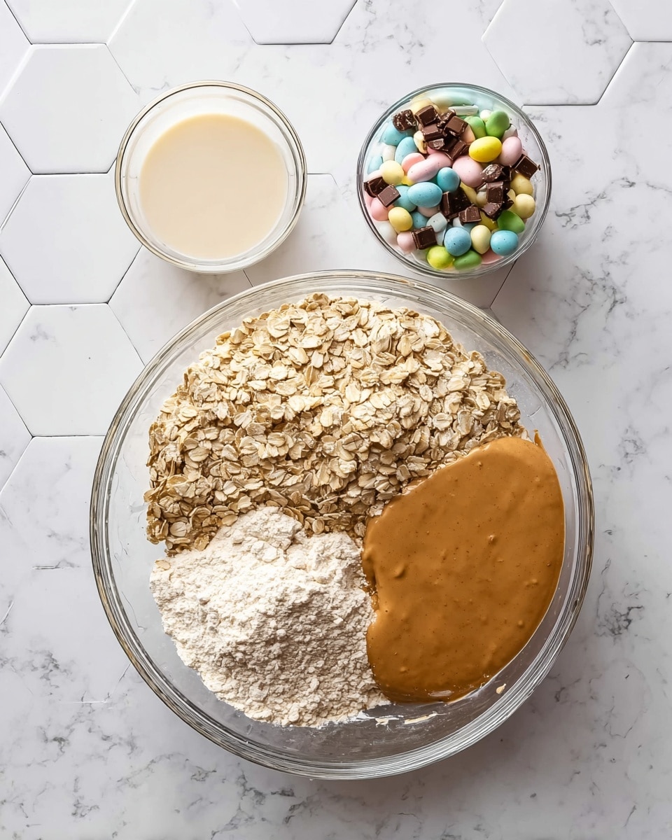 In a large clear glass bowl on a white marbled hexagon tile surface, there are three key ingredients separated into halves and quarters: light beige rolled oats on the left, pale beige flour on the right, and smooth brown peanut butter spread in the bottom right quarter. Nearby, a small clear glass bowl with cream-colored liquid sits at the top left, and another clear glass bowl filled with colorful pastel candy eggs cracked open to reveal dark chocolate at the bottom right. photo taken with an iphone --ar 4:5 --v 7