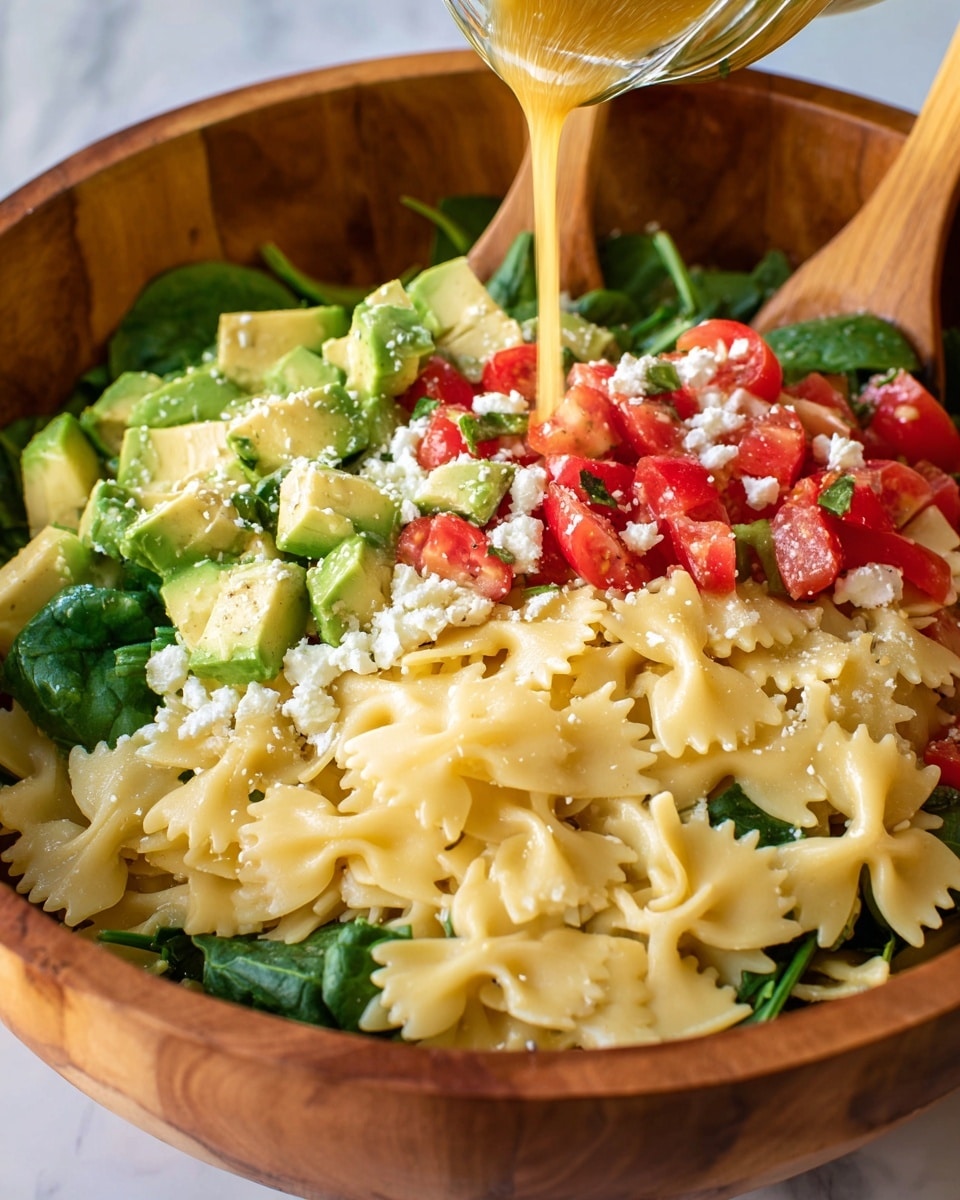 A close-up view of a wooden bowl filled with a colorful pasta salad made of three layers: the bottom layer is light yellow bow tie pasta with a smooth texture, the middle layer has bright green spinach leaves and diced avocado, while the top layer includes small red tomato chunks and white crumbled cheese scattered evenly. A golden-yellow dressing is being poured over the salad from a glass jar in the top right corner. Wooden salad spoons peek from the left and right sides of the bowl. The background is a white marbled texture photo taken with an iphone --ar 4:5 --v 7