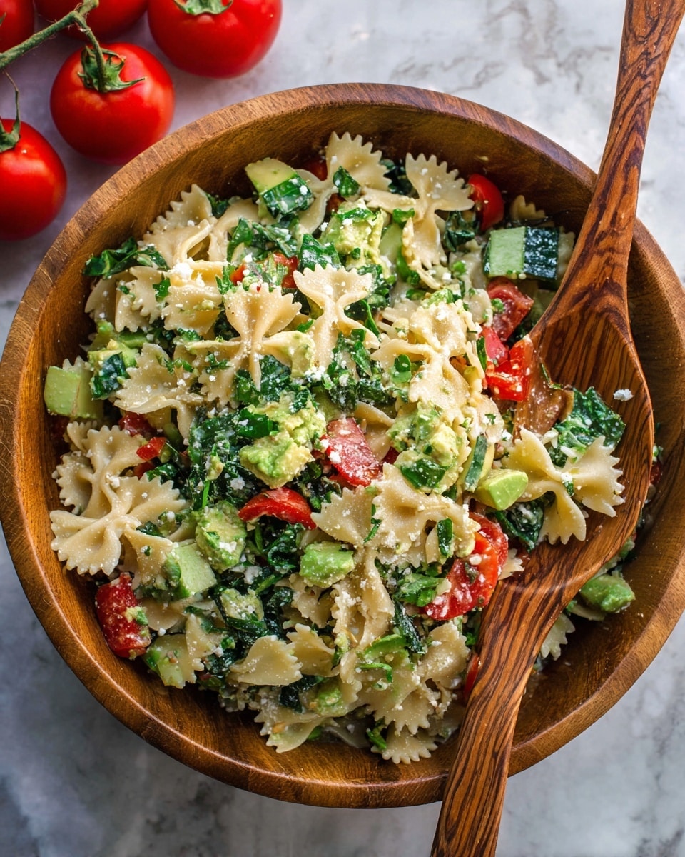 A wooden bowl holds a colorful pasta salad with three main layers: at the bottom, light beige farfalle pasta with a smooth texture; mixed throughout are bright green leafy vegetables and chunks of avocado in a creamy green shade with soft texture; scattered on top and mixed inside are small red tomato pieces adding vivid contrast, along with small white crumbles of cheese. Two wooden spoons with rich brown grain patterns rest inside the bowl, partially buried beneath the salad on a white marbled surface, and in the background, three bright red tomatoes on the vine add a fresh touch. Photo taken with an iphone --ar 4:5 --v 7