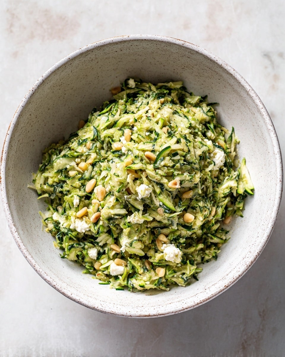 A bowl with a mix of shredded green zucchini as the base layer, interspersed with small white chunks of cheese and beige pine nuts throughout. The texture appears moist and slightly chunky with a bright green color dominating, spotted with white and pale beige bits. The bowl itself is white with a speckled pattern, and the background has a white marbled texture. photo taken with an iphone --ar 4:5 --v 7