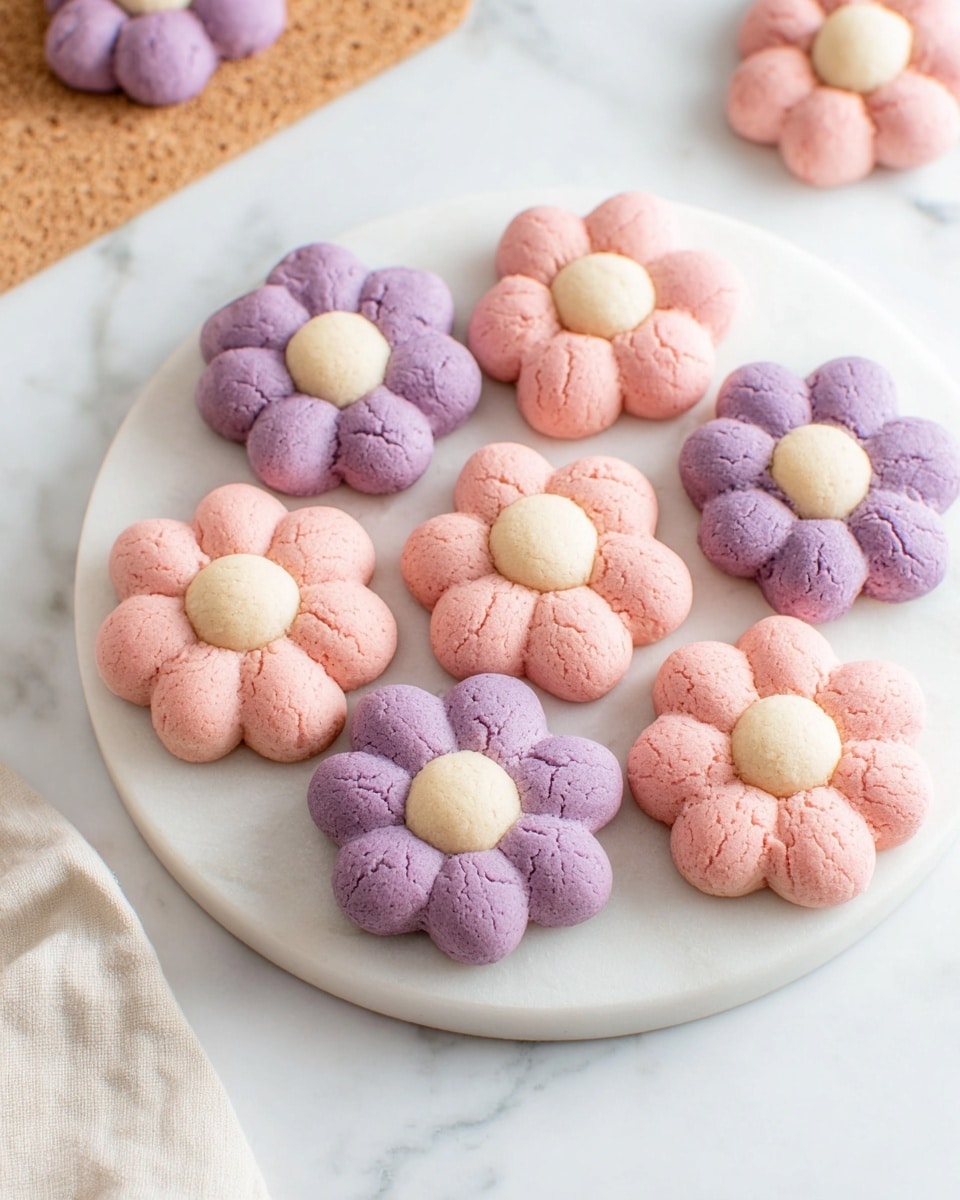 The image shows several flower-shaped cookies arranged on a white marble round plate, placed on a white marbled surface. Each cookie has two layers: the outer layer has six round petal shapes in either soft pink or light purple color, and the inner center is a small round ball in a light cream color. The cookies have a slightly cracked texture on the surface, adding a homemade look. In the background, part of a cork mat is visible under the plate. The overall setting is bright and clean with natural lighting. photo taken with an iphone --ar 4:5 --v 7