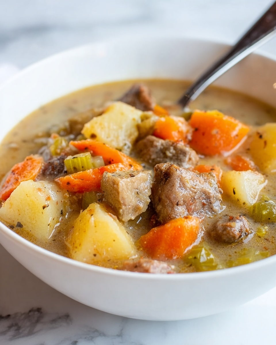 A white bowl filled with thick beef stew, showing chunky pieces of browned beef, orange carrot slices, green celery, and pale potato cubes mixed in a creamy beige broth. A silver spoon is placed inside the bowl, and the bowl sits on a white plate. The background is blurred but shows a wooden bowl with green leafy vegetables. The surface is a white marbled texture. photo taken with an iphone --ar 4:5 --v 7
